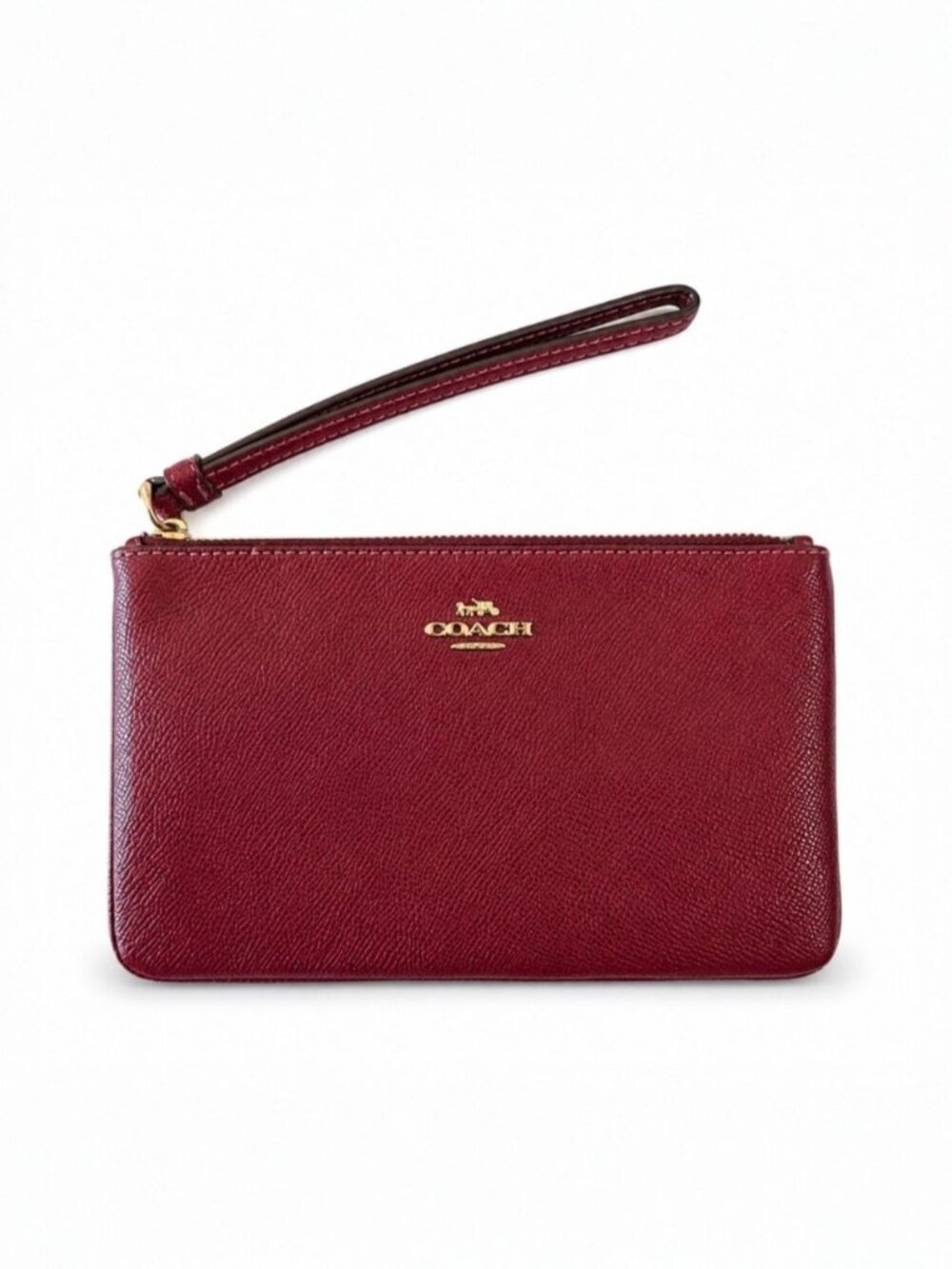 Coach Oxblood Pebbled Leather Wristlet Wallet Clutch Zip Pouch Burgundy Red